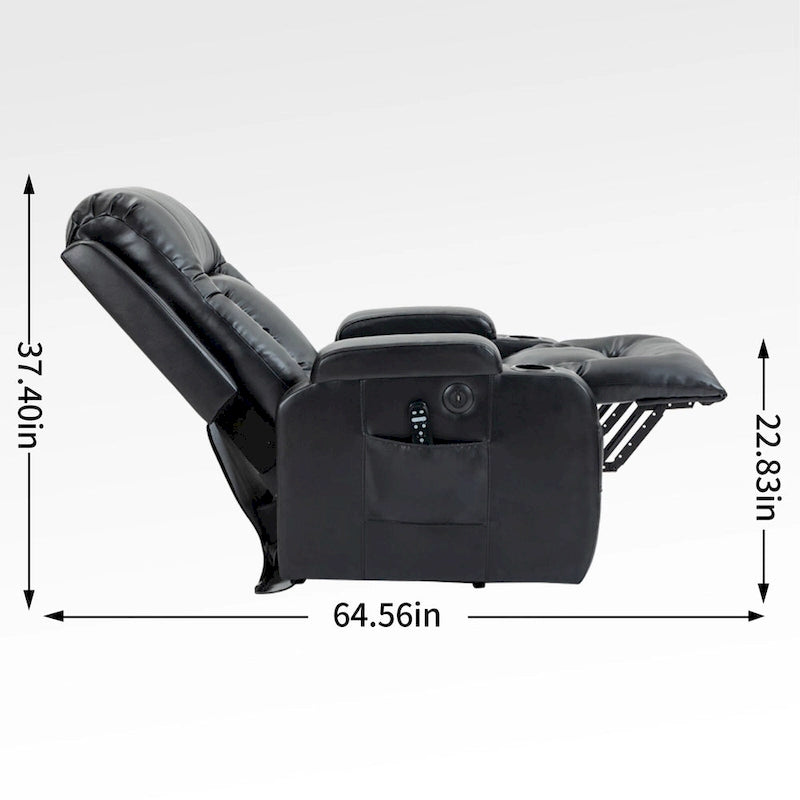 Poltrona reclinabile elettrica in similpelle nera, massaggio a 8 punti, riscaldamento, USB