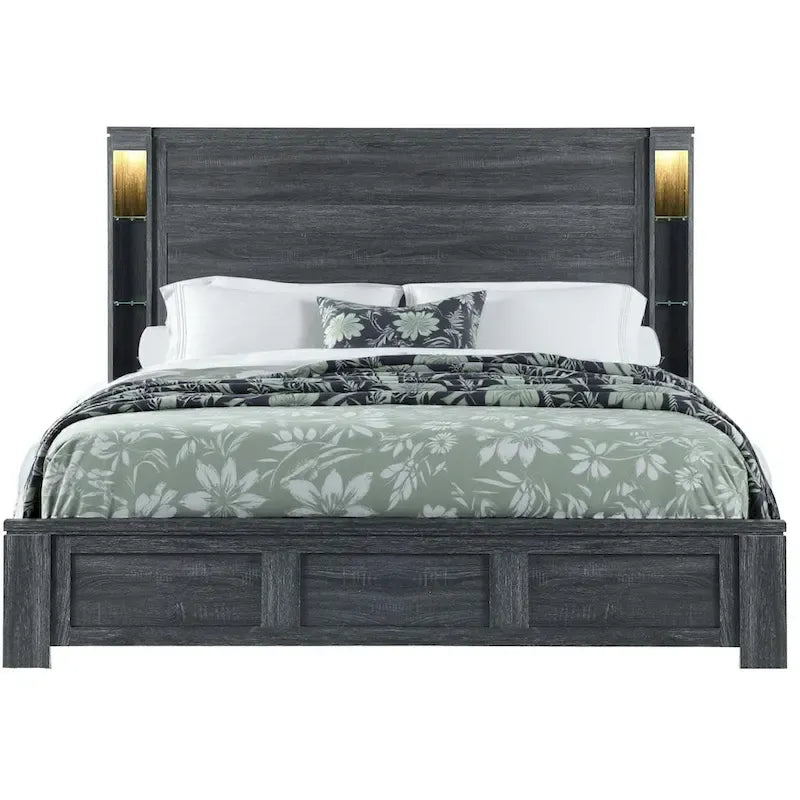 Struttura letto king size illuminata in legno anticato grigio scuro
