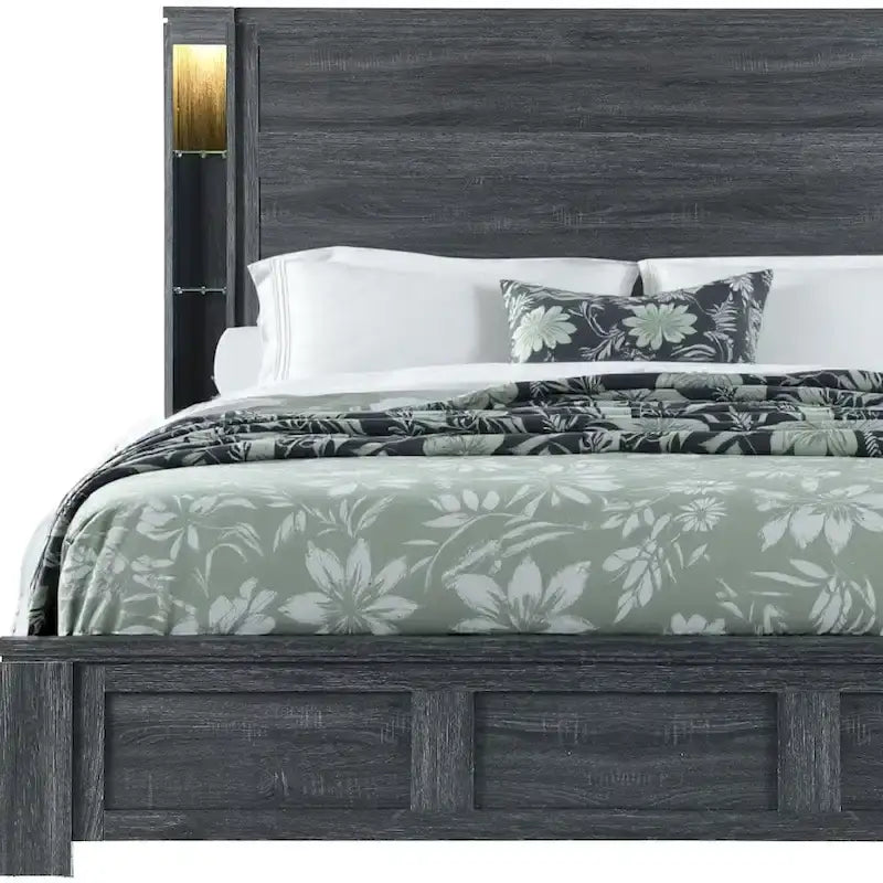 Struttura letto king size illuminata in legno anticato grigio scuro