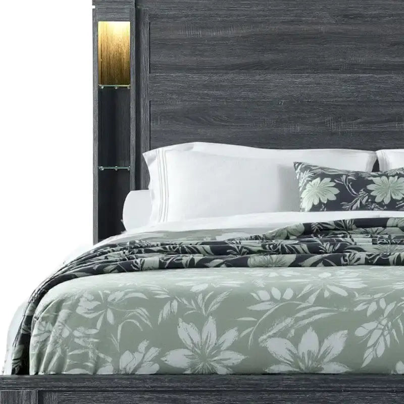 Struttura letto king size illuminata in legno anticato grigio scuro