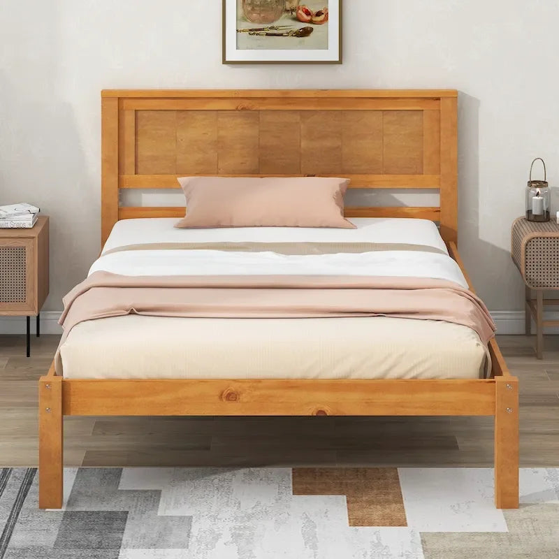 Letto a piattaforma in legno Twin Size con testiera classica, struttura letto imbottita per camera da letto, nessuna molla necessaria, facile montaggio