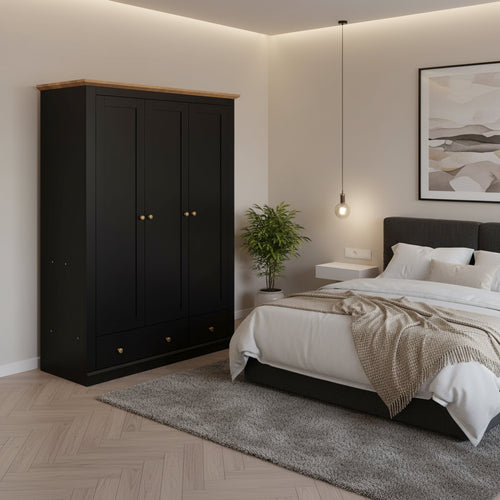 Roomfitters 3 Door Armoire Wardrobe, Modern Wood Cabinet, Hanging Rail and Shelves, Bedroom Storage, Black