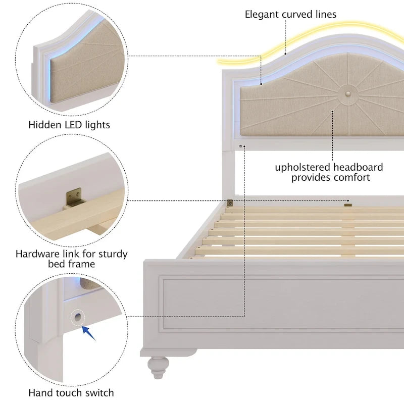 Letto a piattaforma imbottito Queen con luci a LED e illuminazione regolabile