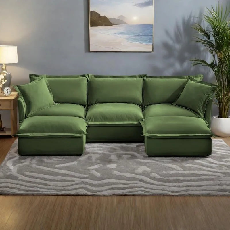 Divano componibile a U in ciniglia da 120" con 3 posti, cuscini con bordo francese e cuscini Cloud
