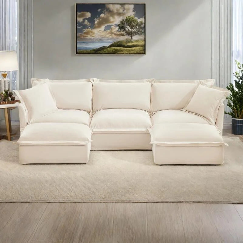 Divano componibile a U in ciniglia da 120" con 3 posti, cuscini con bordo francese e cuscini Cloud