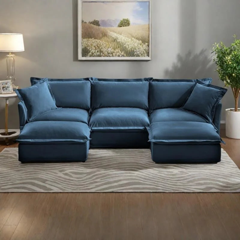 Divano componibile a U in ciniglia da 120" con 3 posti, cuscini con bordo francese e cuscini Cloud