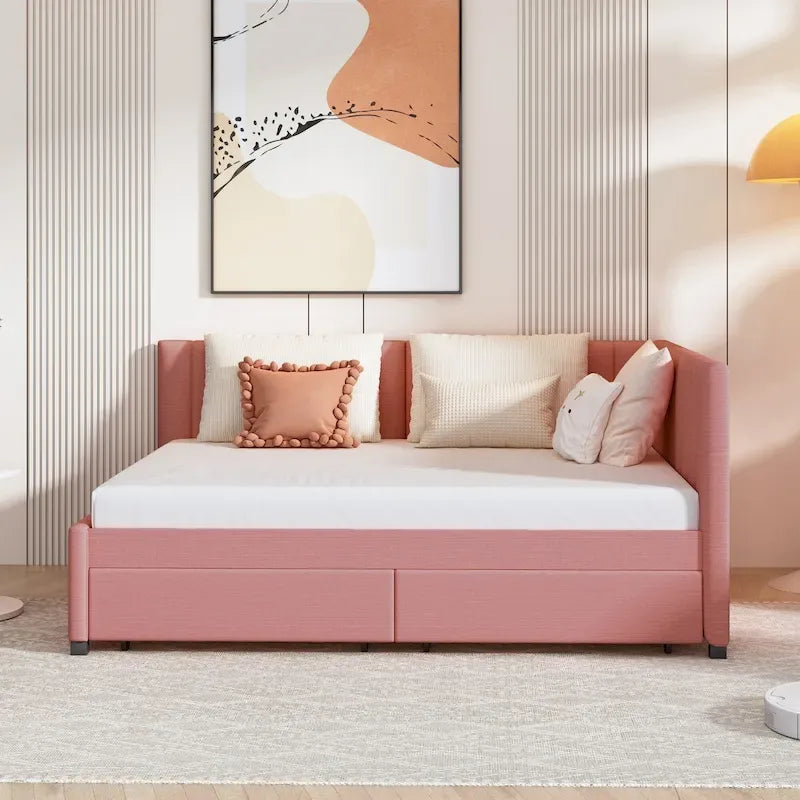 Divano Letto Imbottito Matrimoniale con 2 Cassetti Contenitore Struttura Letto Divano Nessuna Rete a Molle Necessaria, Tessuto Lino, Beige