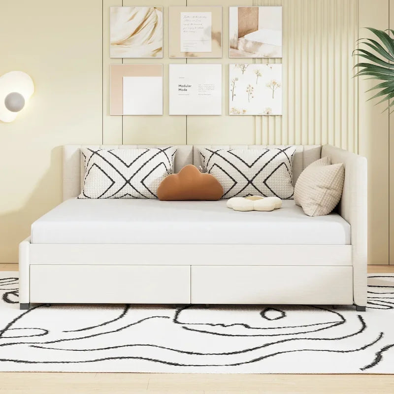Divano Letto Imbottito Matrimoniale con 2 Cassetti Contenitore Struttura Letto Divano Nessuna Rete a Molle Necessaria, Tessuto Lino, Beige