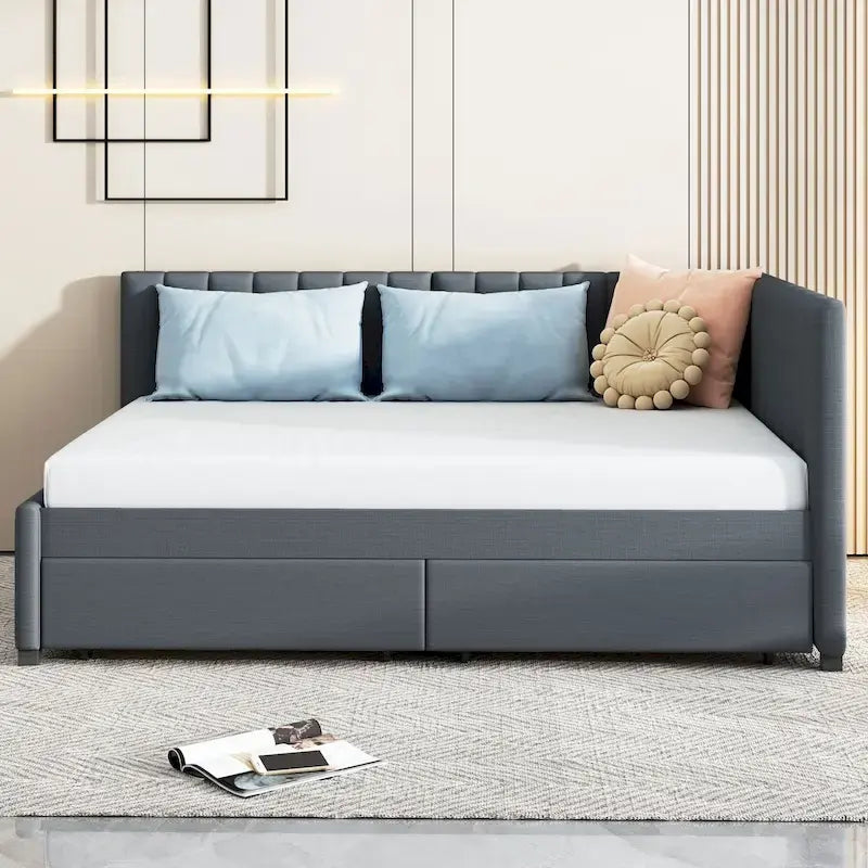 Divano Letto Imbottito Matrimoniale con 2 Cassetti Contenitore Struttura Letto Divano Nessuna Rete a Molle Necessaria, Tessuto Lino, Beige
