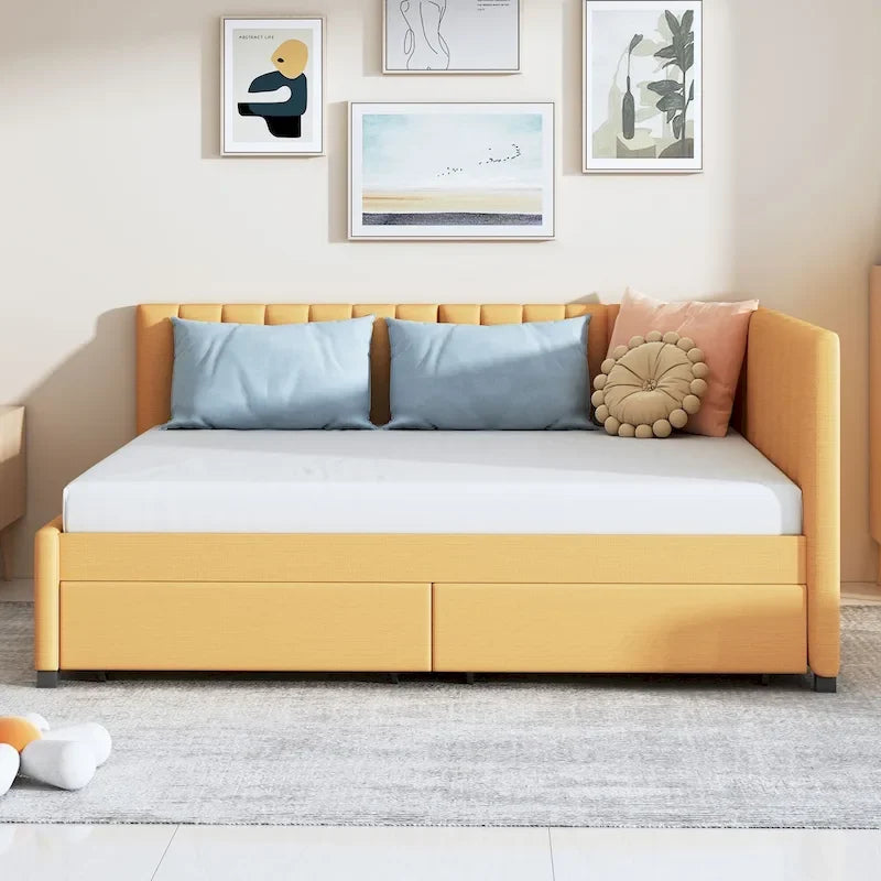 Divano Letto Imbottito Matrimoniale con 2 Cassetti Contenitore Struttura Letto Divano Nessuna Rete a Molle Necessaria, Tessuto Lino, Beige