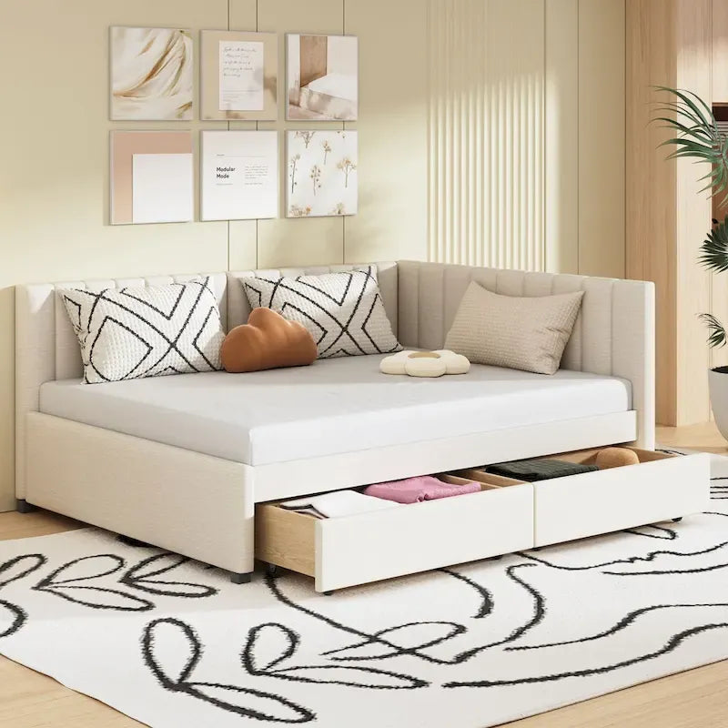 Divano Letto Imbottito Matrimoniale con 2 Cassetti Contenitore Struttura Letto Divano Nessuna Rete a Molle Necessaria, Tessuto Lino, Beige