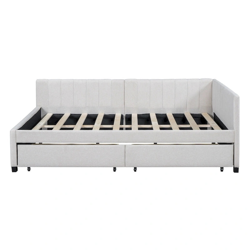 Divano Letto Imbottito Matrimoniale con 2 Cassetti Contenitore Struttura Letto Divano Nessuna Rete a Molle Necessaria, Tessuto Lino, Beige