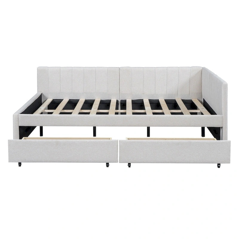 Divano Letto Imbottito Matrimoniale con 2 Cassetti Contenitore Struttura Letto Divano Nessuna Rete a Molle Necessaria, Tessuto Lino, Beige