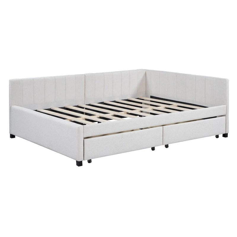 Divano Letto Imbottito Matrimoniale con 2 Cassetti Contenitore Struttura Letto Divano Nessuna Rete a Molle Necessaria, Tessuto Lino, Beige