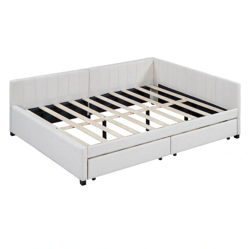 Divano Letto Imbottito Matrimoniale con 2 Cassetti Contenitore Struttura Letto Divano Nessuna Rete a Molle Necessaria, Tessuto Lino, Beige