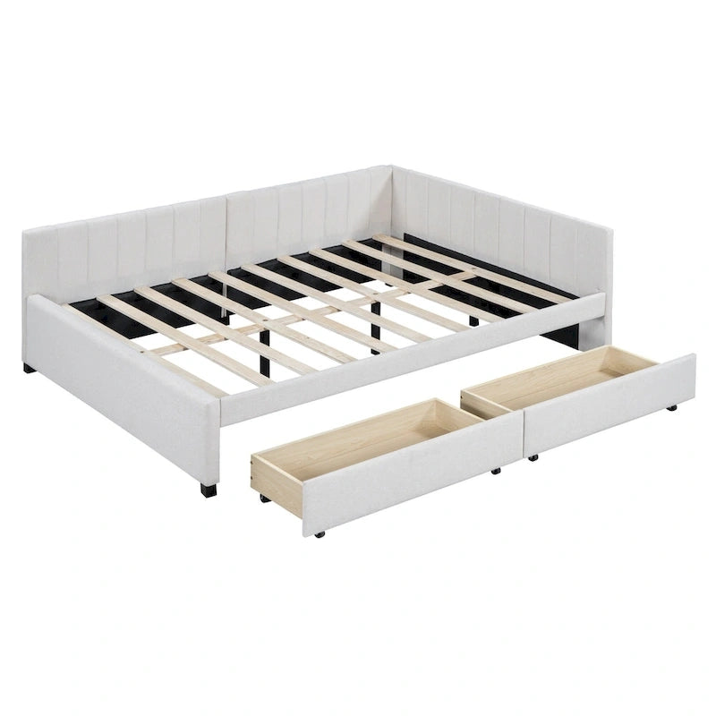 Divano Letto Imbottito Matrimoniale con 2 Cassetti Contenitore Struttura Letto Divano Nessuna Rete a Molle Necessaria, Tessuto Lino, Beige