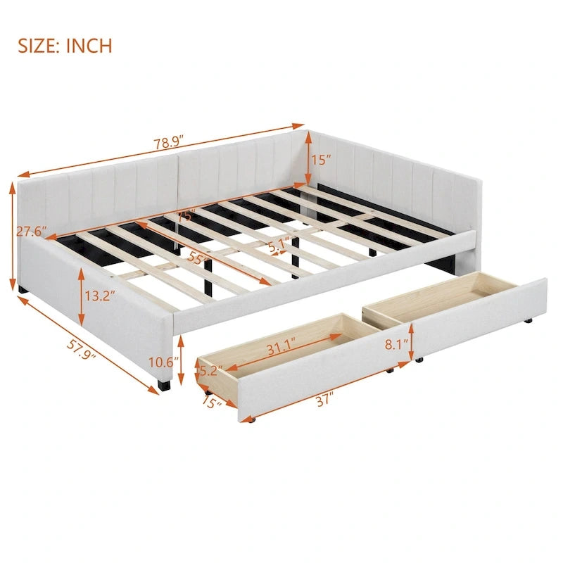 Divano Letto Imbottito Matrimoniale con 2 Cassetti Contenitore Struttura Letto Divano Nessuna Rete a Molle Necessaria, Tessuto Lino, Beige