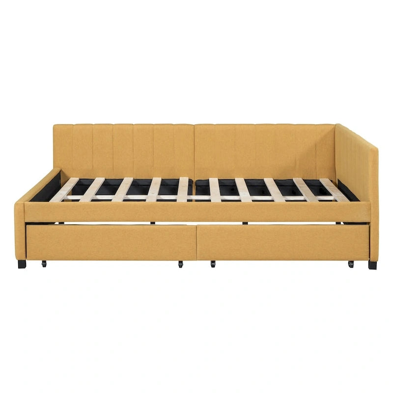Divano Letto Imbottito Matrimoniale con 2 Cassetti Contenitore Struttura Letto Divano Nessuna Rete a Molle Necessaria, Tessuto Lino, Beige
