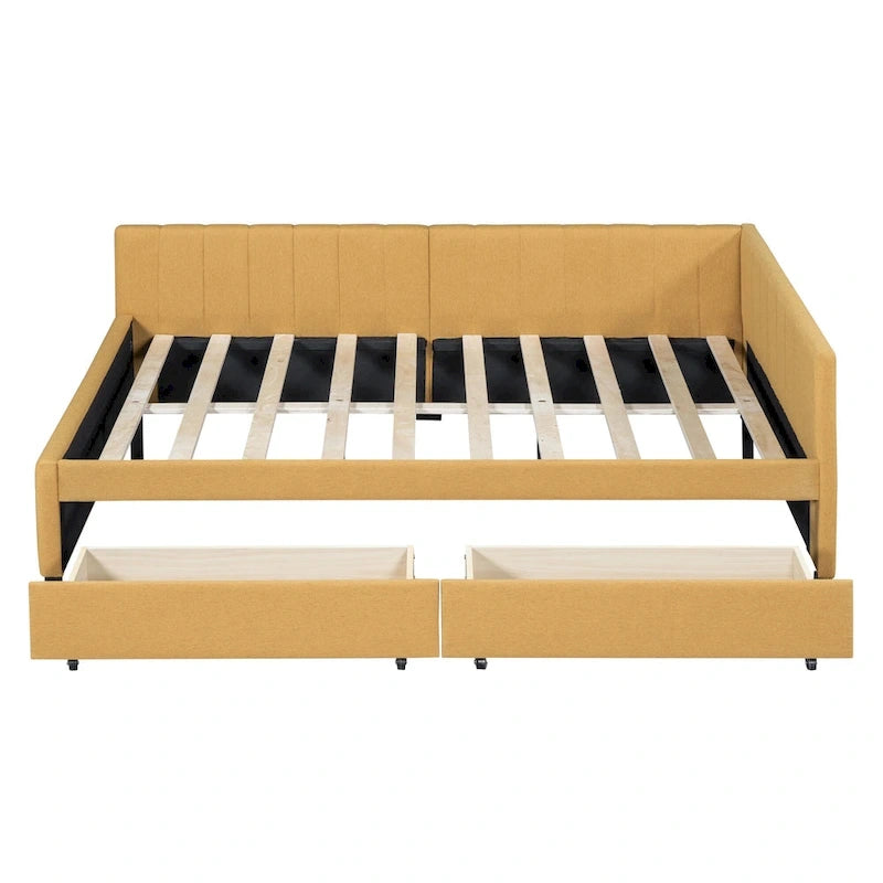 Divano Letto Imbottito Matrimoniale con 2 Cassetti Contenitore Struttura Letto Divano Nessuna Rete a Molle Necessaria, Tessuto Lino, Beige