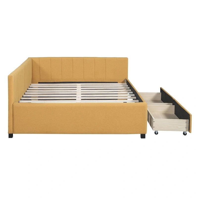 Divano Letto Imbottito Matrimoniale con 2 Cassetti Contenitore Struttura Letto Divano Nessuna Rete a Molle Necessaria, Tessuto Lino, Beige