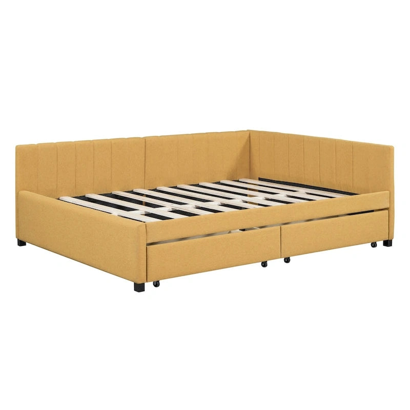 Divano Letto Imbottito Matrimoniale con 2 Cassetti Contenitore Struttura Letto Divano Nessuna Rete a Molle Necessaria, Tessuto Lino, Beige