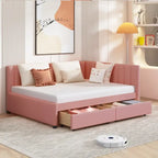 Divano Letto Imbottito Matrimoniale con 2 Cassetti Contenitore Struttura Letto Divano Nessuna Rete a Molle Necessaria, Tessuto Lino, Beige