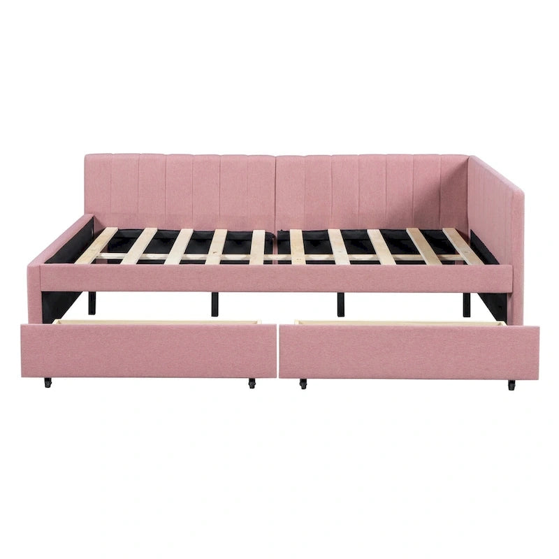 Divano Letto Imbottito Matrimoniale con 2 Cassetti Contenitore Struttura Letto Divano Nessuna Rete a Molle Necessaria, Tessuto Lino, Beige