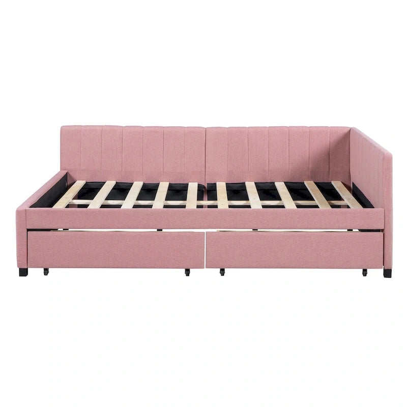 Divano Letto Imbottito Matrimoniale con 2 Cassetti Contenitore Struttura Letto Divano Nessuna Rete a Molle Necessaria, Tessuto Lino, Beige