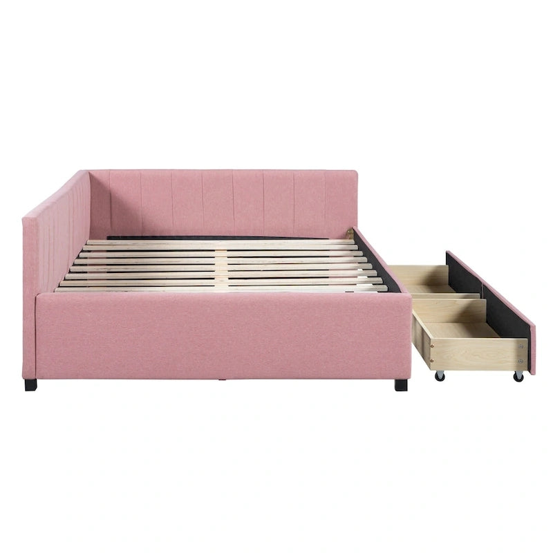 Divano Letto Imbottito Matrimoniale con 2 Cassetti Contenitore Struttura Letto Divano Nessuna Rete a Molle Necessaria, Tessuto Lino, Beige