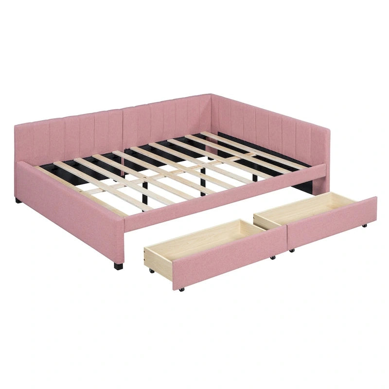 Divano Letto Imbottito Matrimoniale con 2 Cassetti Contenitore Struttura Letto Divano Nessuna Rete a Molle Necessaria, Tessuto Lino, Beige