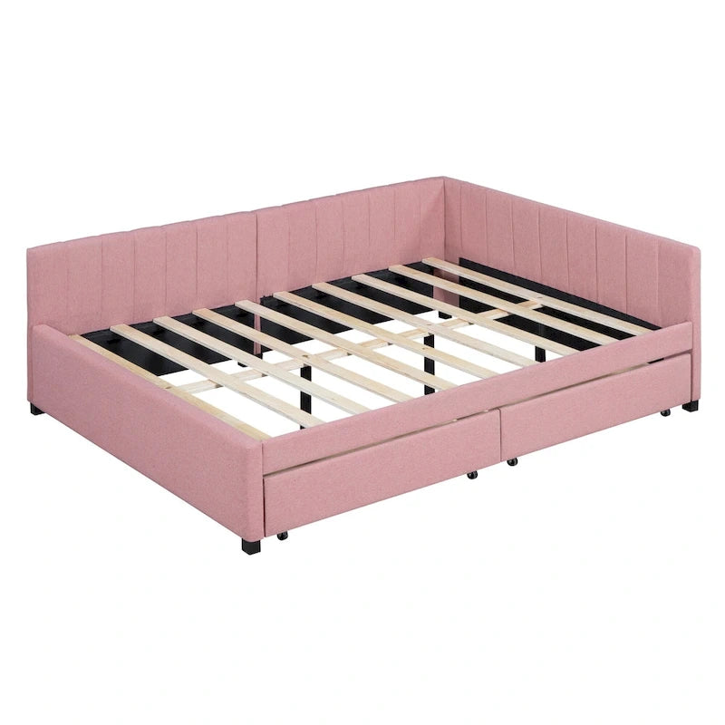 Divano Letto Imbottito Matrimoniale con 2 Cassetti Contenitore Struttura Letto Divano Nessuna Rete a Molle Necessaria, Tessuto Lino, Beige