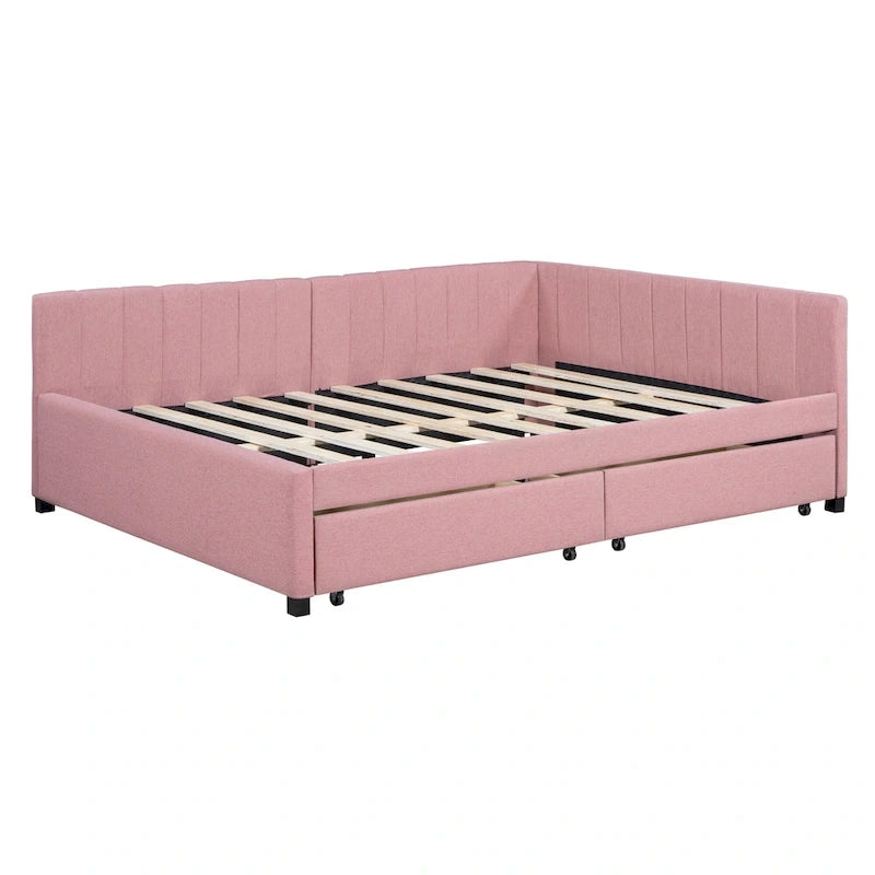 Divano Letto Imbottito Matrimoniale con 2 Cassetti Contenitore Struttura Letto Divano Nessuna Rete a Molle Necessaria, Tessuto Lino, Beige