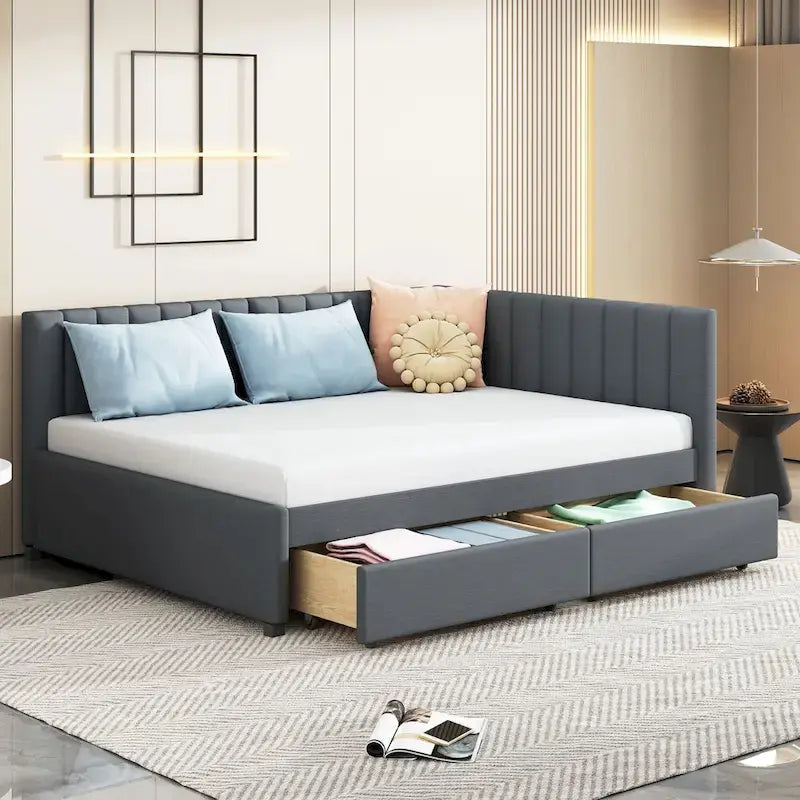 Divano Letto Imbottito Matrimoniale con 2 Cassetti Contenitore Struttura Letto Divano Nessuna Rete a Molle Necessaria, Tessuto Lino, Beige