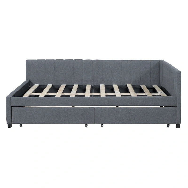 Divano Letto Imbottito Matrimoniale con 2 Cassetti Contenitore Struttura Letto Divano Nessuna Rete a Molle Necessaria, Tessuto Lino, Beige