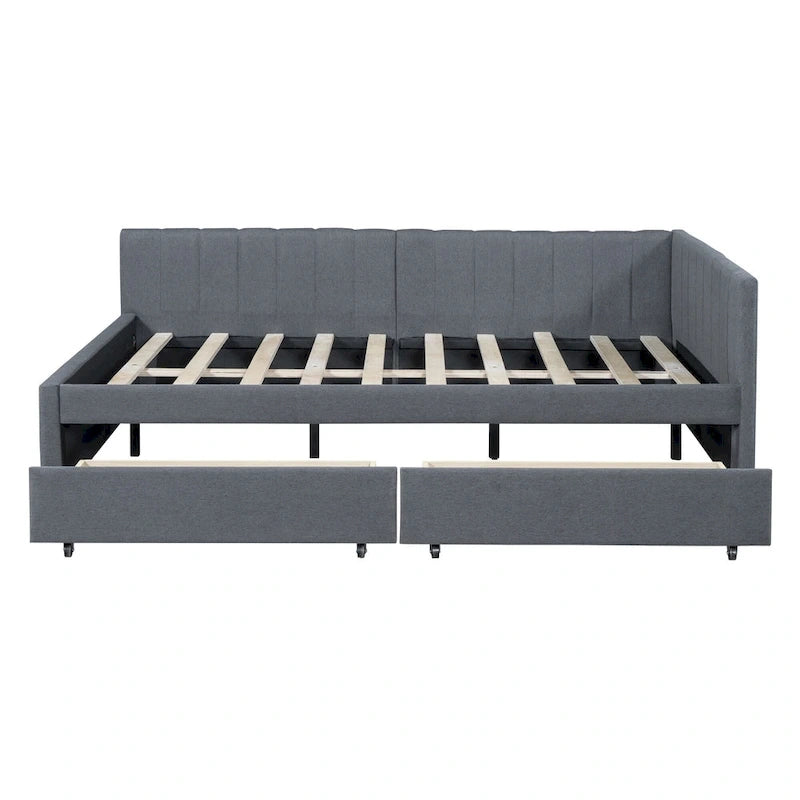 Divano Letto Imbottito Matrimoniale con 2 Cassetti Contenitore Struttura Letto Divano Nessuna Rete a Molle Necessaria, Tessuto Lino, Beige
