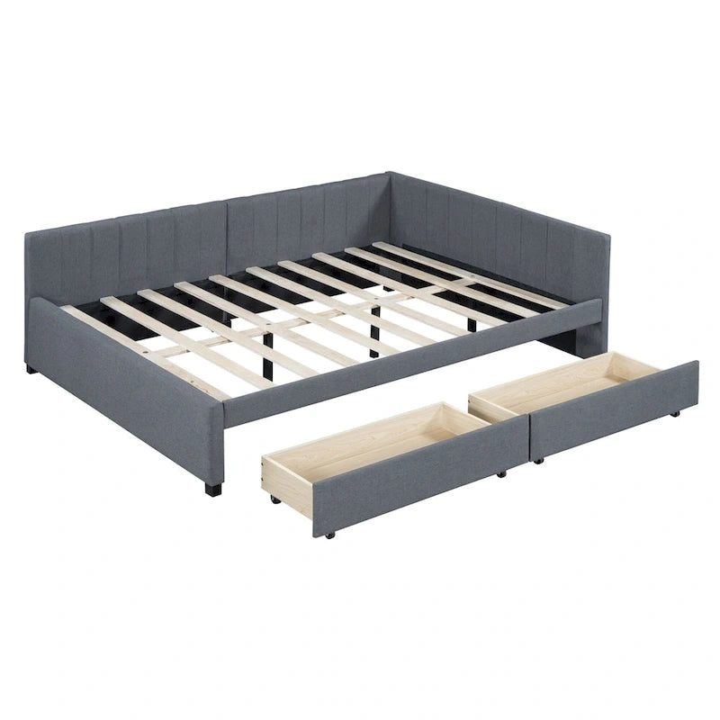 Divano Letto Imbottito Matrimoniale con 2 Cassetti Contenitore Struttura Letto Divano Nessuna Rete a Molle Necessaria, Tessuto Lino, Beige