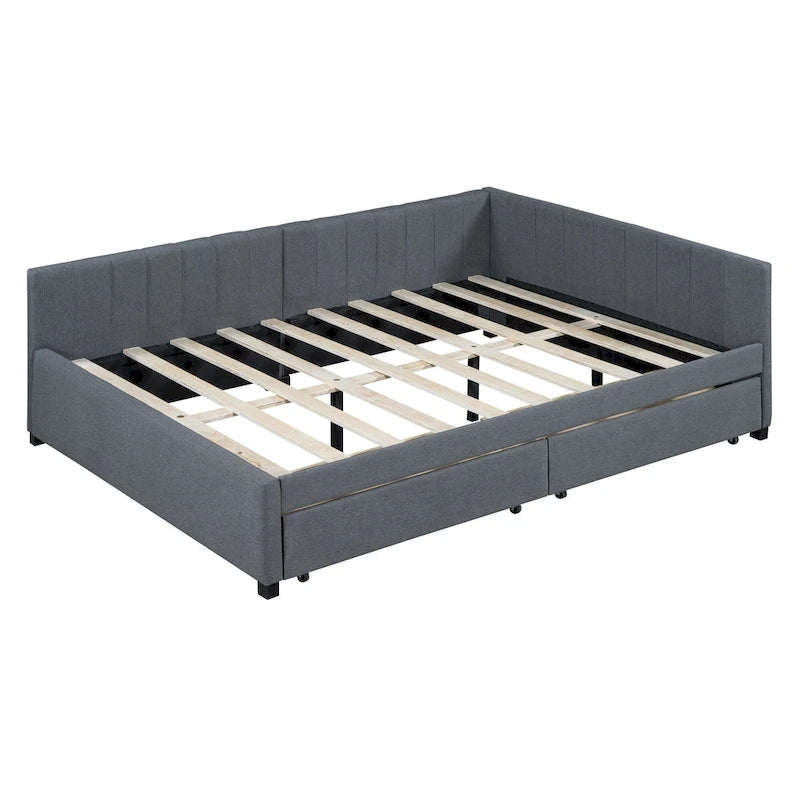 Divano Letto Imbottito Matrimoniale con 2 Cassetti Contenitore Struttura Letto Divano Nessuna Rete a Molle Necessaria, Tessuto Lino, Beige