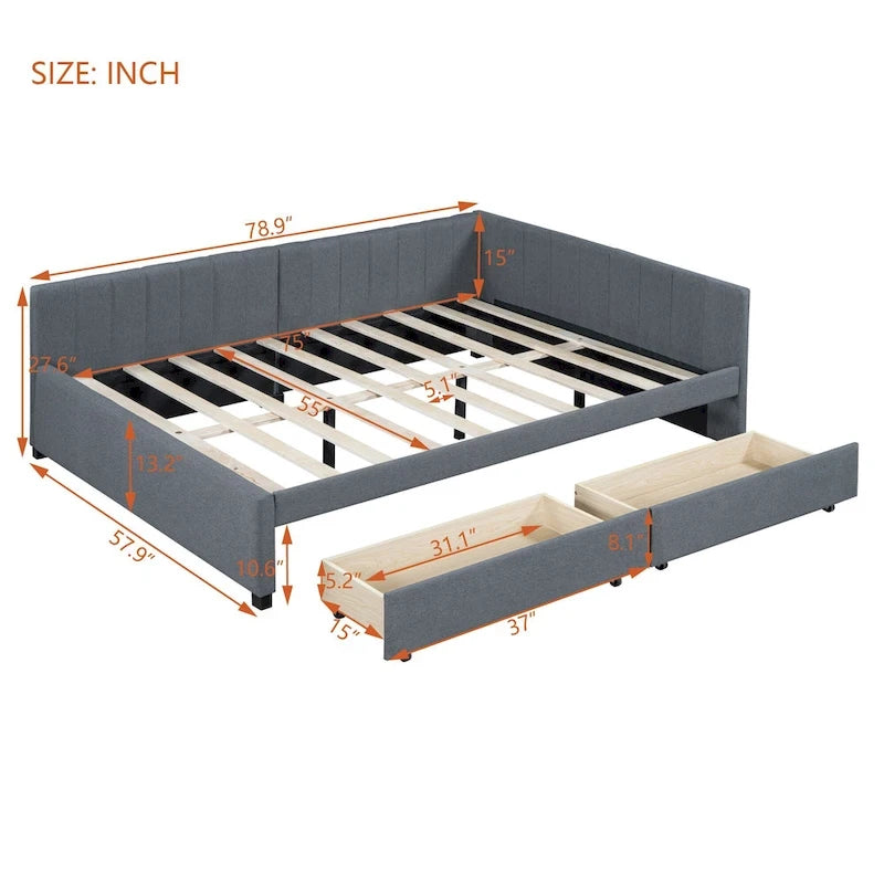 Divano Letto Imbottito Matrimoniale con 2 Cassetti Contenitore Struttura Letto Divano Nessuna Rete a Molle Necessaria, Tessuto Lino, Beige