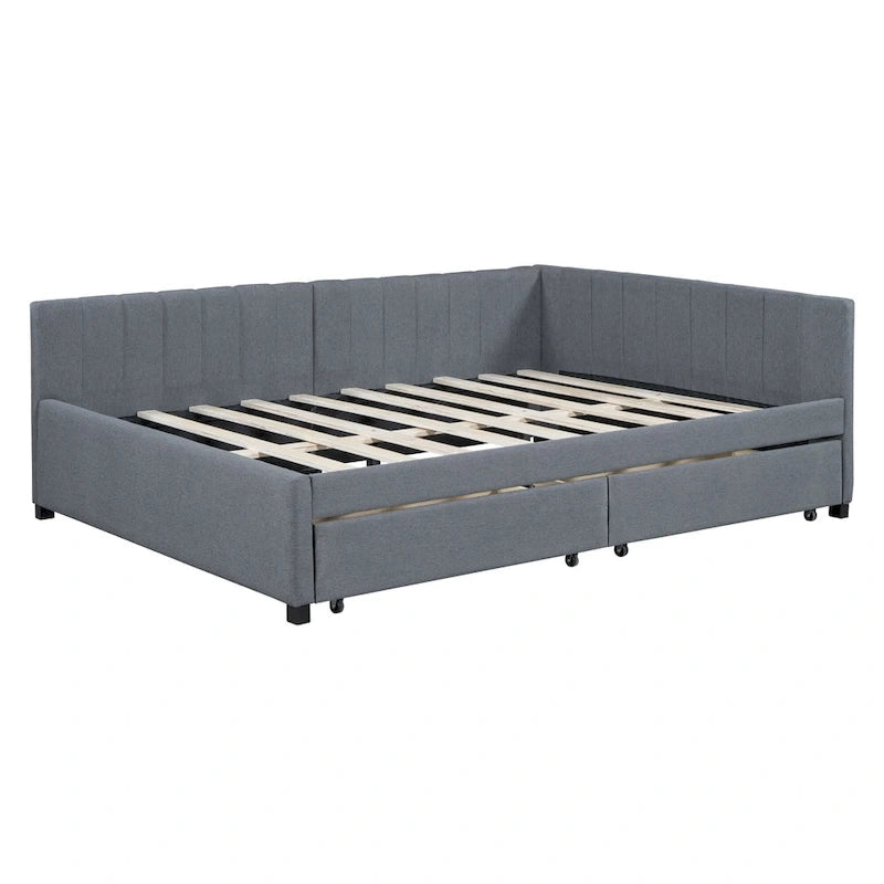 Divano Letto Imbottito Matrimoniale con 2 Cassetti Contenitore Struttura Letto Divano Nessuna Rete a Molle Necessaria, Tessuto Lino, Beige