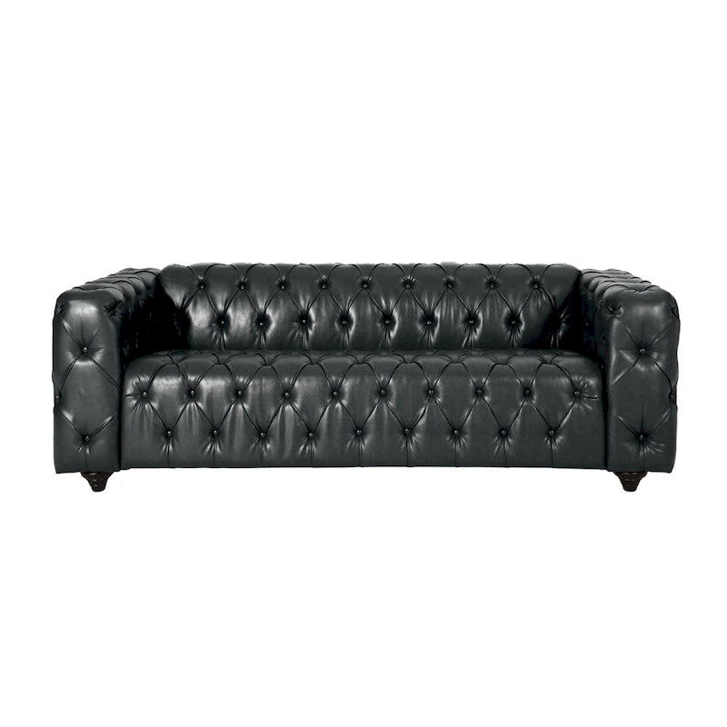 Divano Arlo, capitonné Chesterfield in similpelle nera, legno, 213 cm