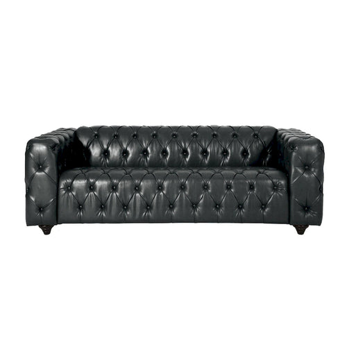 Divano Arlo, capitonné Chesterfield in similpelle nera, legno, 213 cm