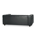 Divano Arlo, capitonné Chesterfield in similpelle nera, legno, 213 cm