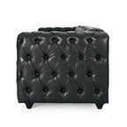 Divano Arlo, capitonné Chesterfield in similpelle nera, legno, 213 cm
