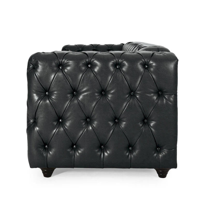 Divano Arlo, capitonné Chesterfield in similpelle nera, legno, 213 cm