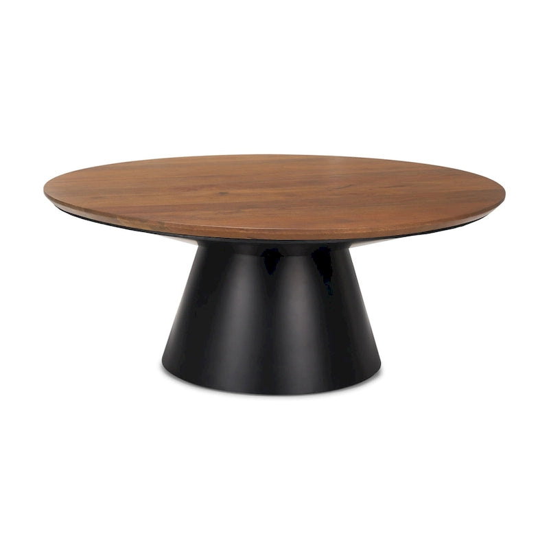 Tavolino rotondo con piedistallo in legno massello marrone e nero e ferro, 101,6 x 41,91 x 101,6 cm