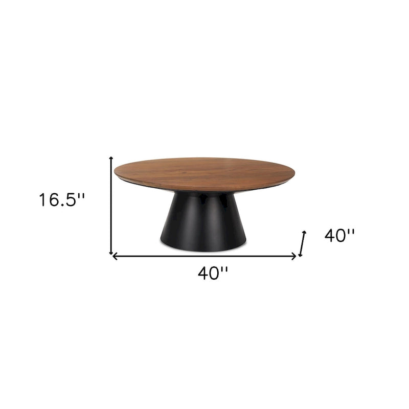 Tavolino rotondo con piedistallo in legno massello marrone e nero e ferro, 101,6 x 41,91 x 101,6 cm