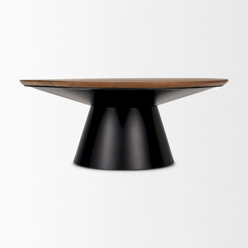 Tavolino rotondo con piedistallo in legno massello marrone e nero e ferro, 101,6 x 41,91 x 101,6 cm
