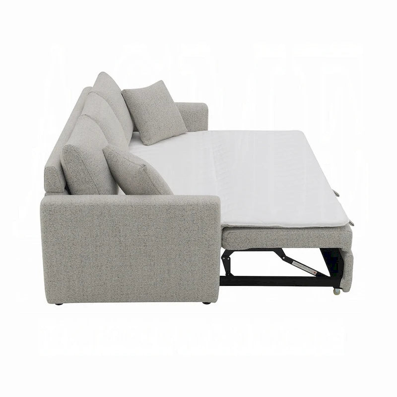 Divano letto Conan, letto matrimoniale estraibile, 2 cuscini, Bouclé grigio, 89 pollici