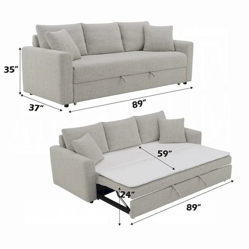 Divano letto Conan, letto matrimoniale estraibile, 2 cuscini, Bouclé grigio, 89 pollici