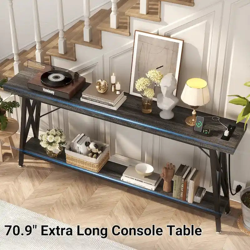Tavolo Consolle Extra Lungo 70.9 con Stazione di Ricarica e Ripiano, Tavolo da Divano, Tavolo da Ingresso in Stile Industriale